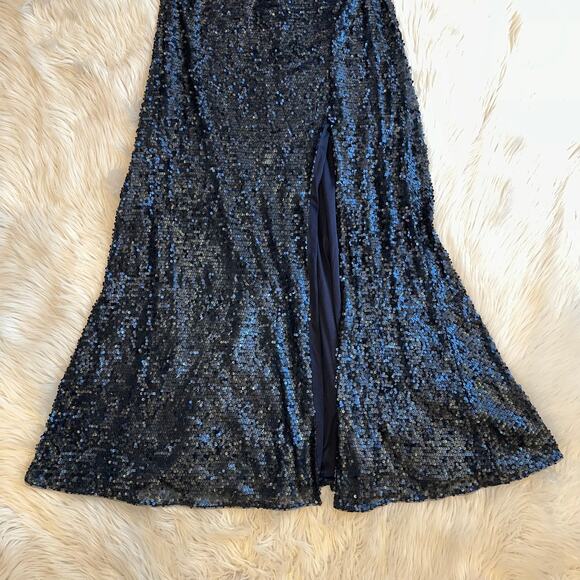 Adrianna Papell Sequin Sleeveless Scoop Back Gown Sparkle Maxi Dress Navy Blue - Picture 8 of 15